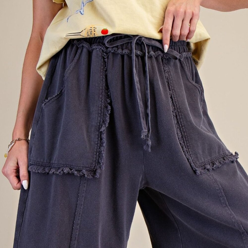 E17 Easel Wide Leg Mineral Washed Black Terry Pants Patch Pockets Frayed Hem - Picture 3 of 6